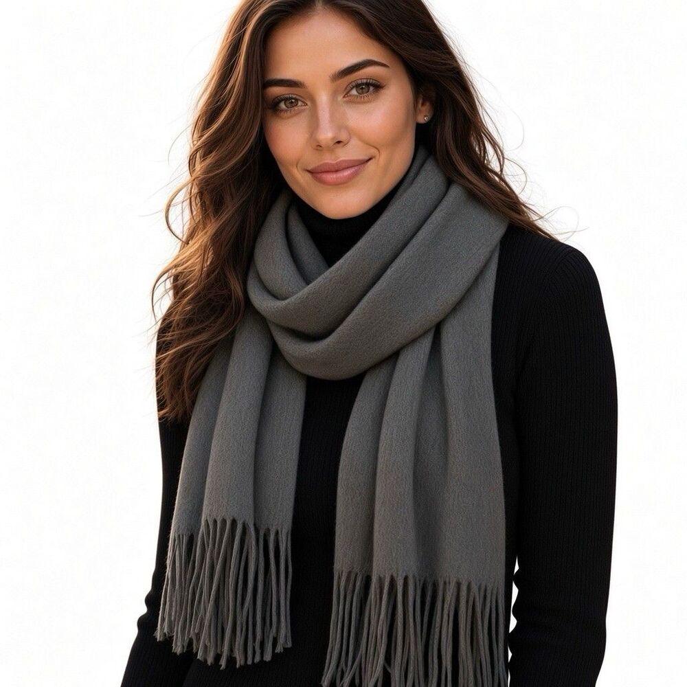 Luxury Lucky Brand Women’s Fringe Scarf Gray Cozy Tassel Winter Style 15”x87”